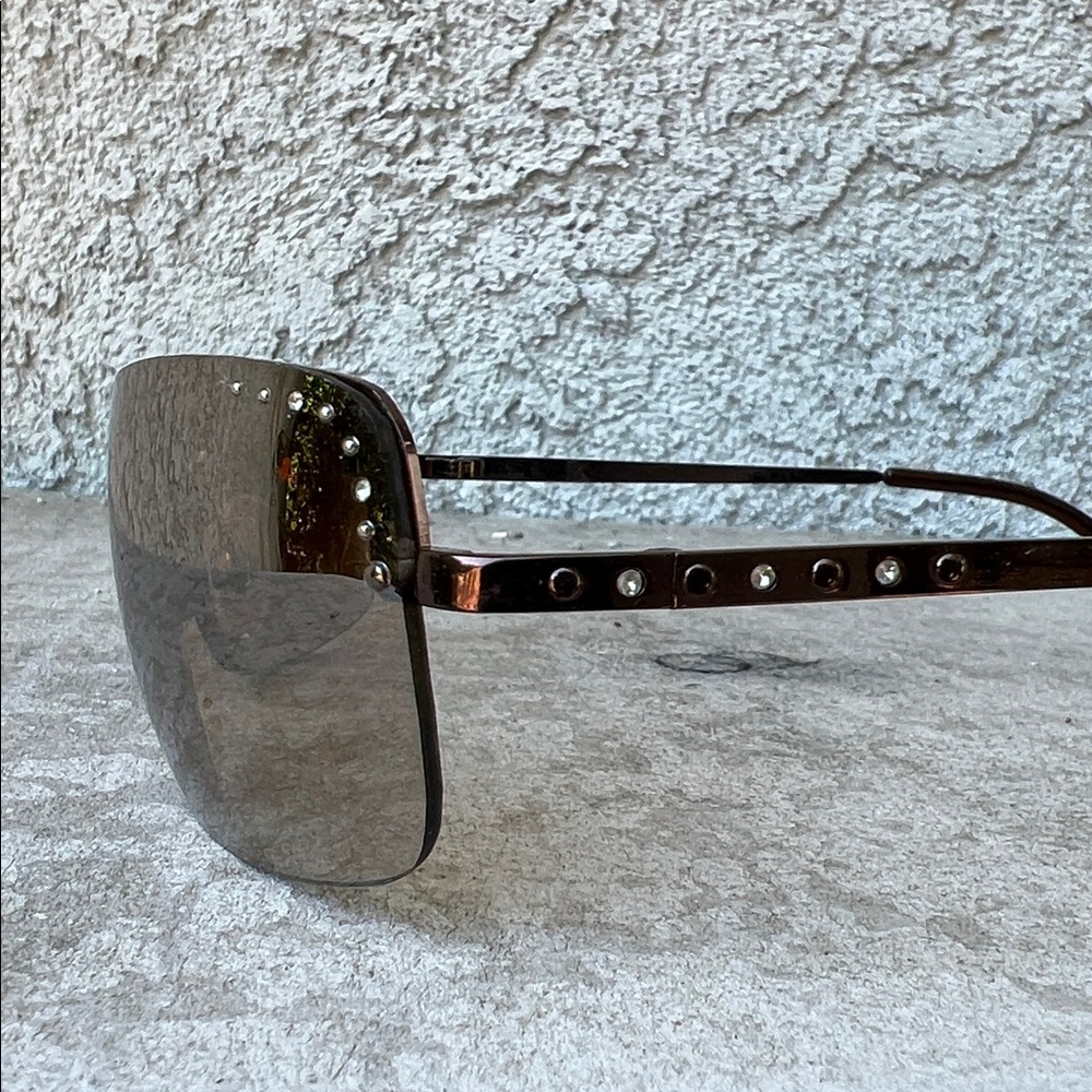 Vintage Y2K Unbranded Brown Tint Sunglasses Rimless Rhinestone Shiny Mirror